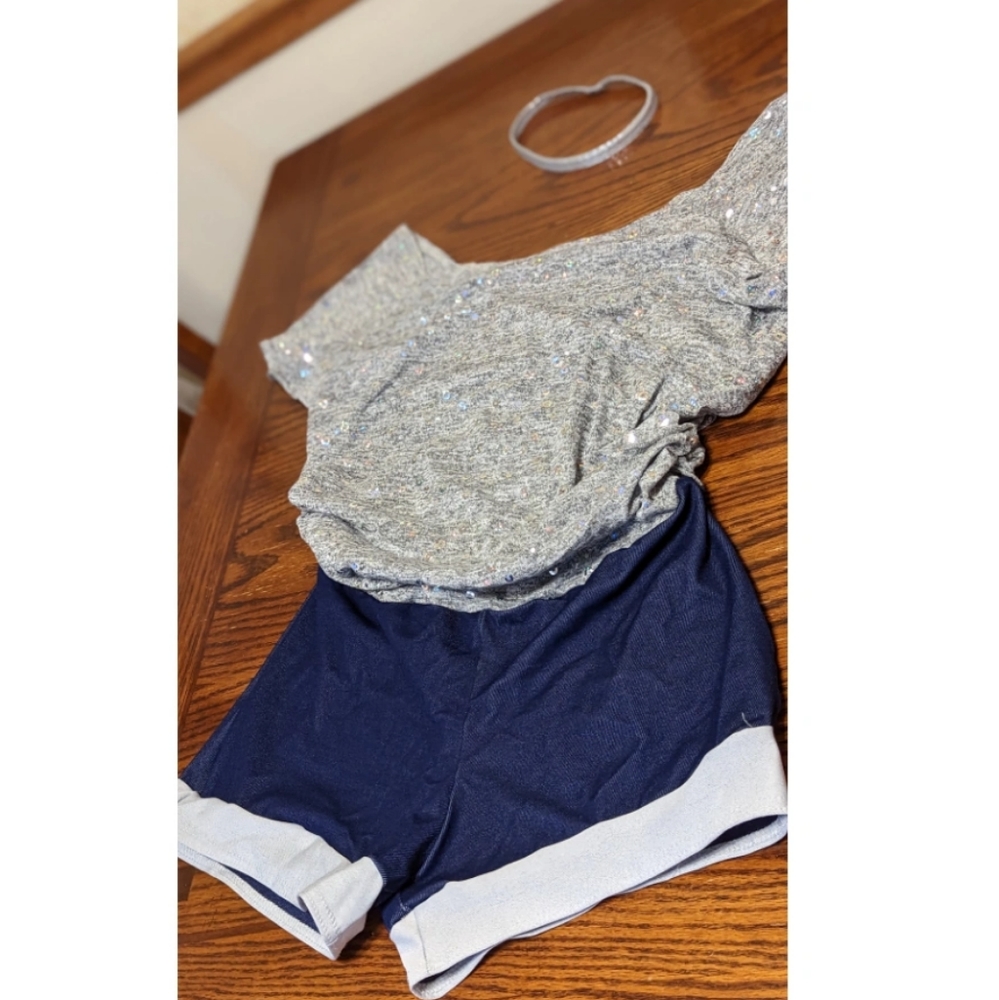 A Wish Come True Silver and Faux Denim Off-The-Shoulder Romper w/ Bra + Headband